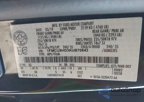 2019 Ford Escape Sel из США, поврежденный, VIN 1FMCU9HD3KUB70843